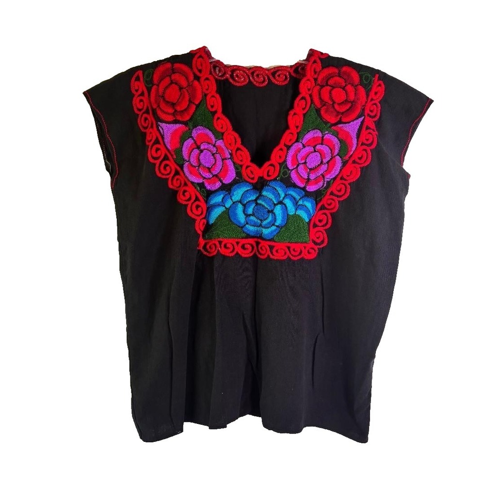 Black‎ Top with Embroidered Floral V Neckline Boho